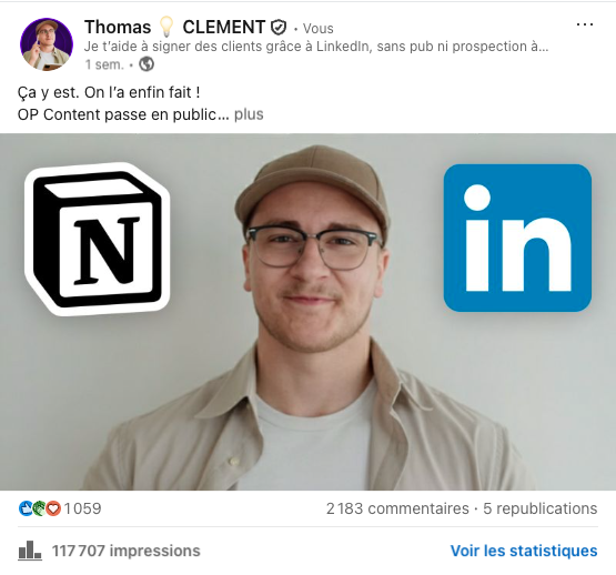 Nouveau post LinkedIn de Thomas CLEMENT avec +1 000 likes, +2 000 commentaires, 5 partages et +110 000 impressions
