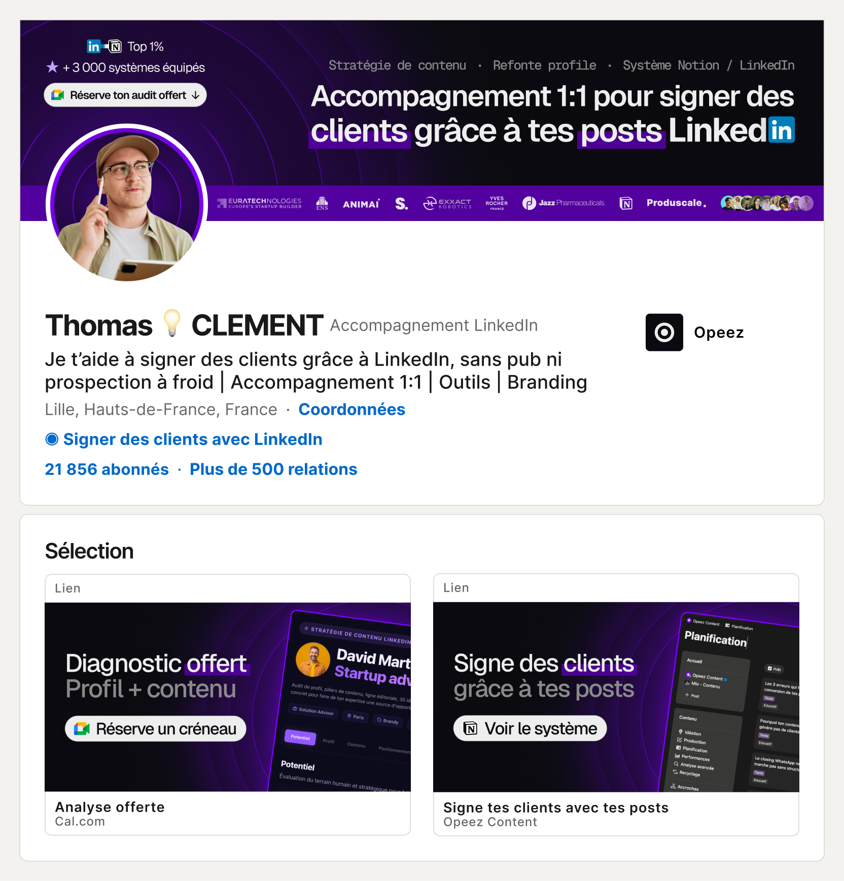 Profil LinkedIn optimisé de Thomas CLEMENT, bannière et titre orientés conversion